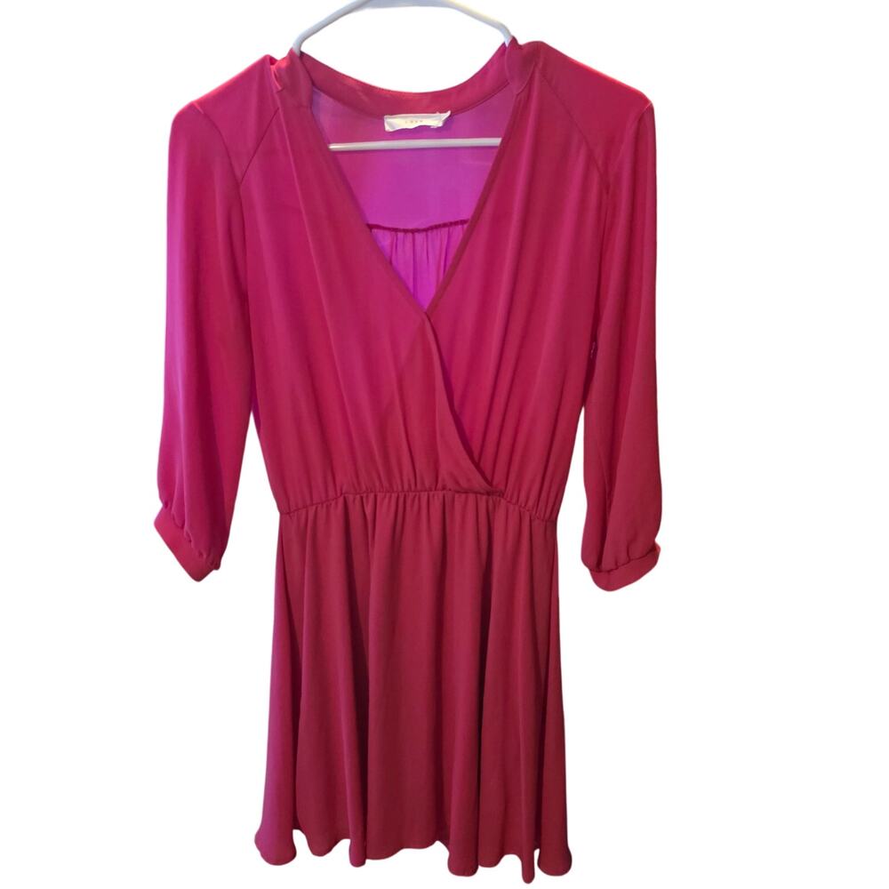 Lush Hot Pink Mini‎ Dress S Womens V Neck Long Sleeve Pullover Barbie Core